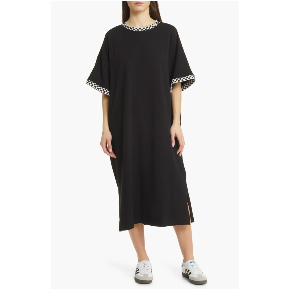 Dressed in Lala Frankie Stretch Cotton Oversize TShirt Dress Black Checkered Hem